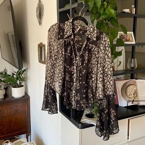 Free people chiffon black long sleeve top floral print size extra small